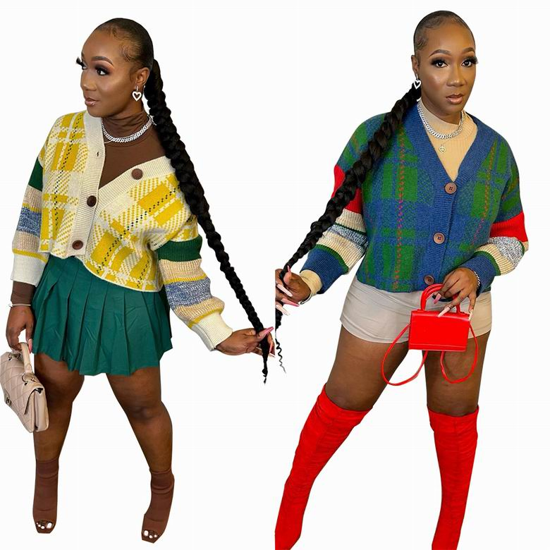 Manufacturers V-Neck Jacquard Cardigan Women Ribbed Knit Short Women′s Sweater