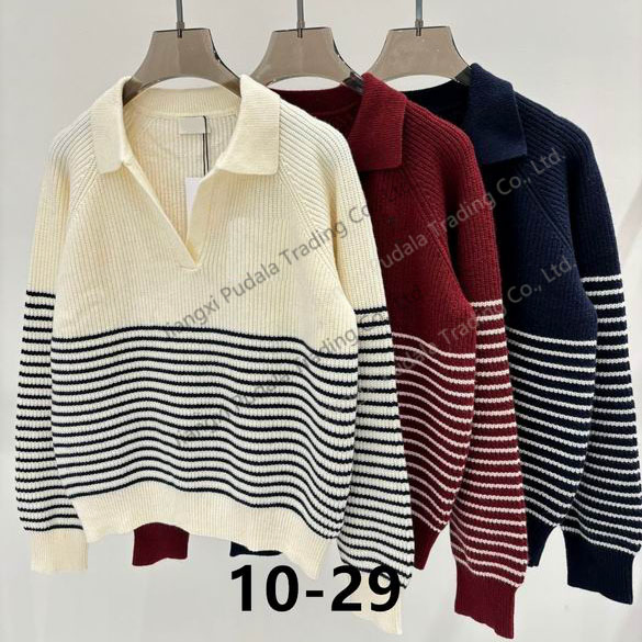 Shirt Collar Striped Long Sleeve Wool Pullover Sweater Women Lady Fashion Clothing
