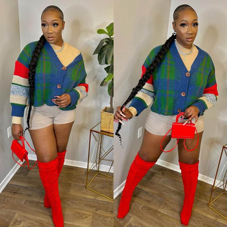 Manufacturers V-Neck Jacquard Cardigan Women Ribbed Knit Short Women&prime;s Sweater