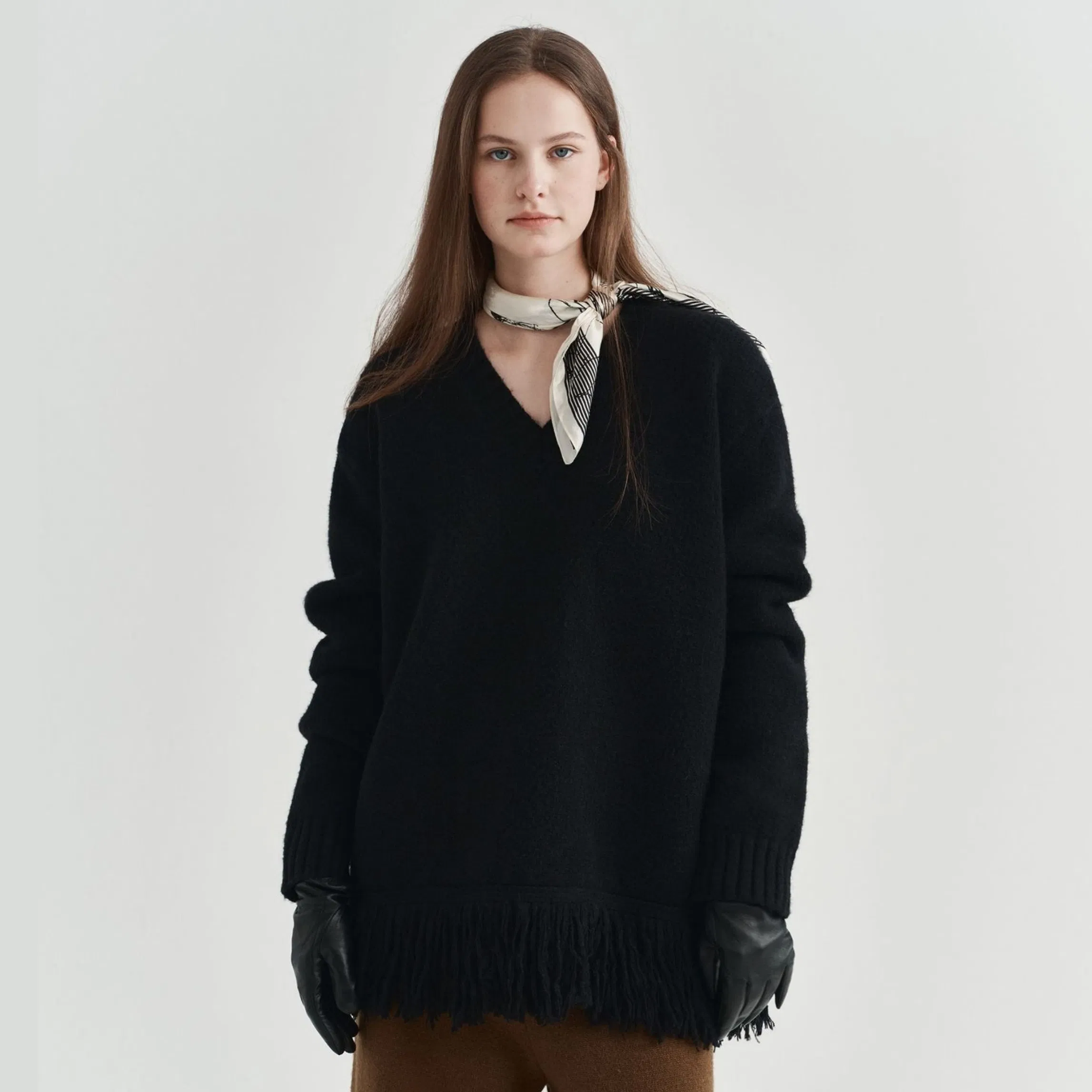 Custom Gray Wool Sweater for Women with Tassel Scarf