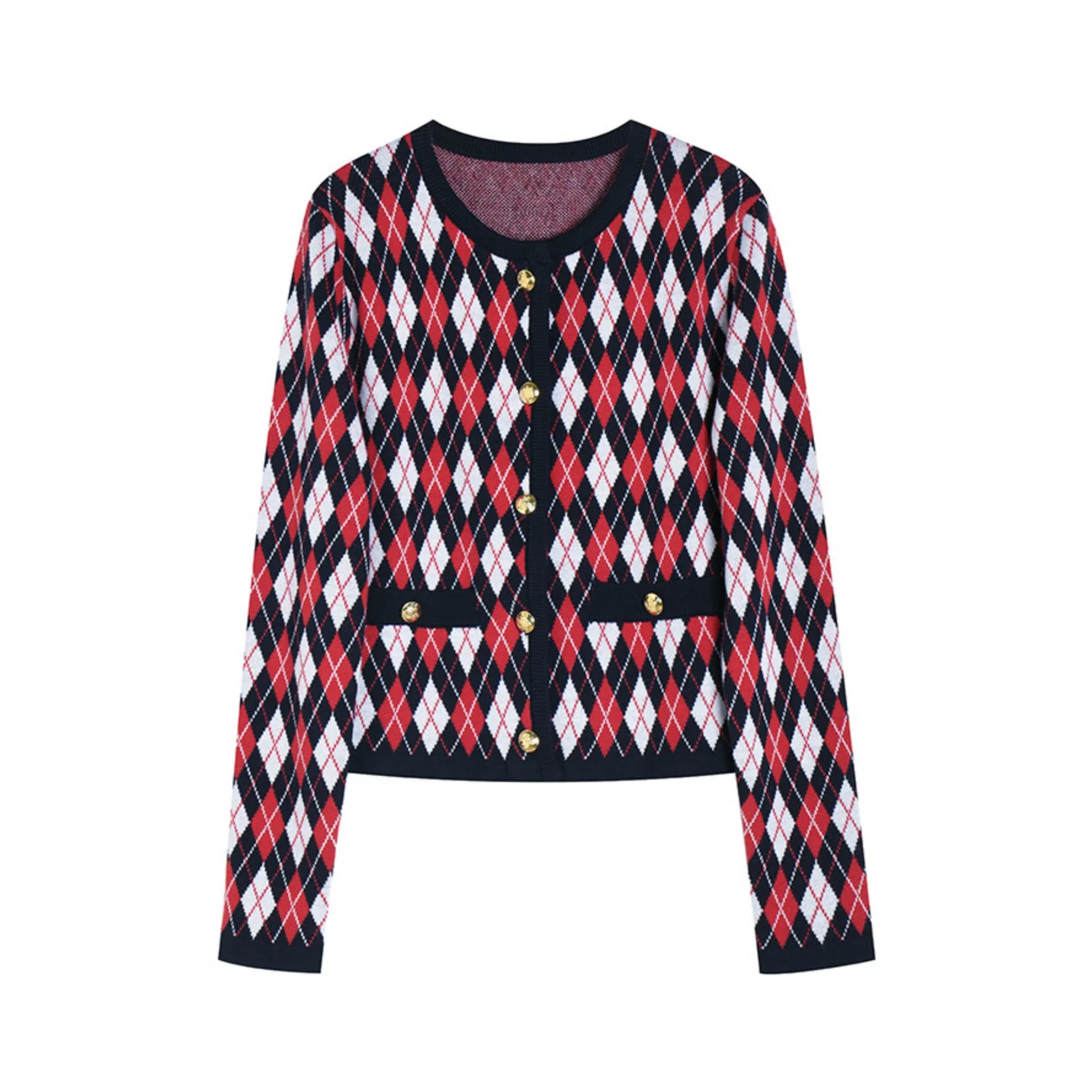 25 Autumn Vintage Red Diamond-Pattern Long Sleeve Wool Knit Cardigan Round Neck Sweater