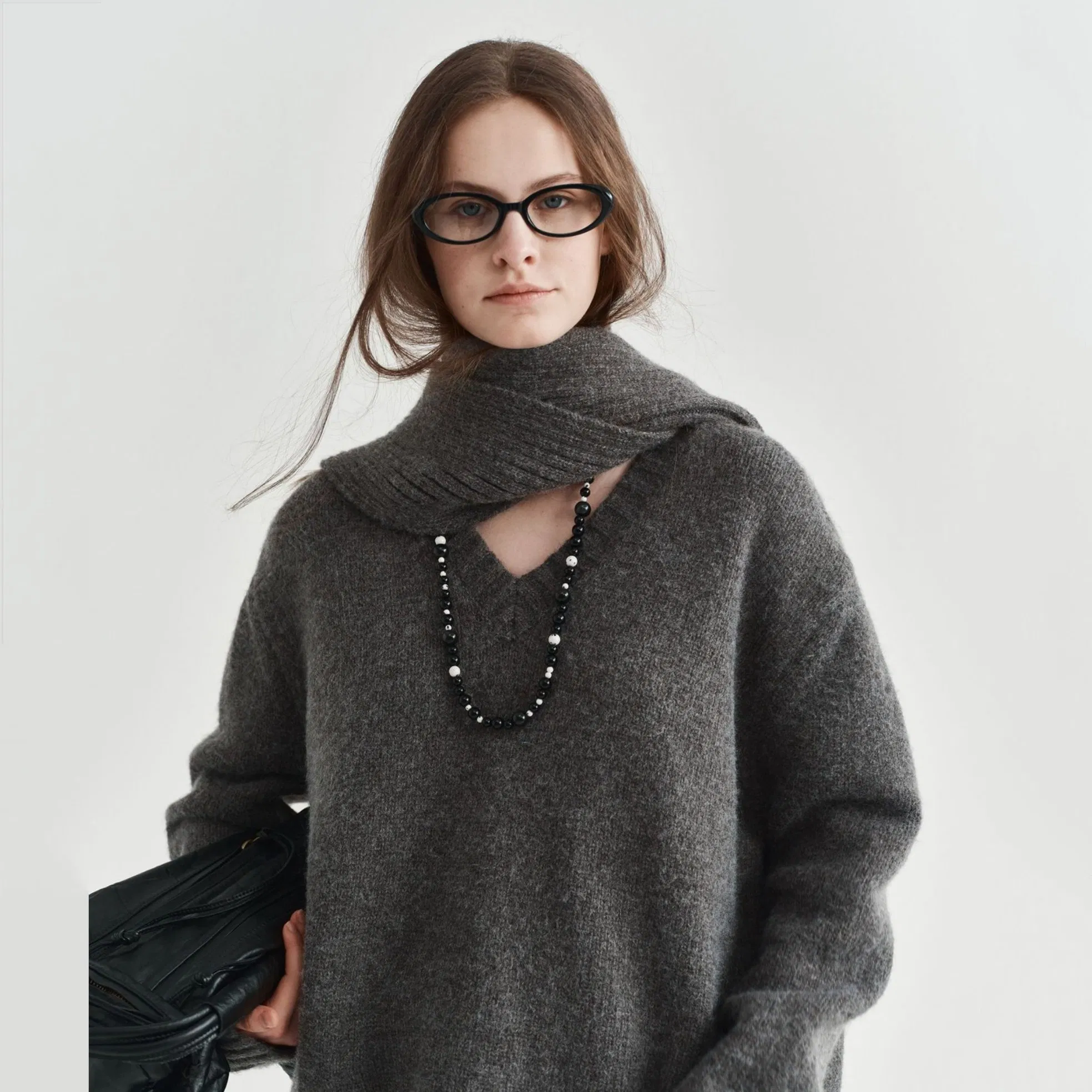 Custom Gray Wool Sweater for Women with Tassel Scarf