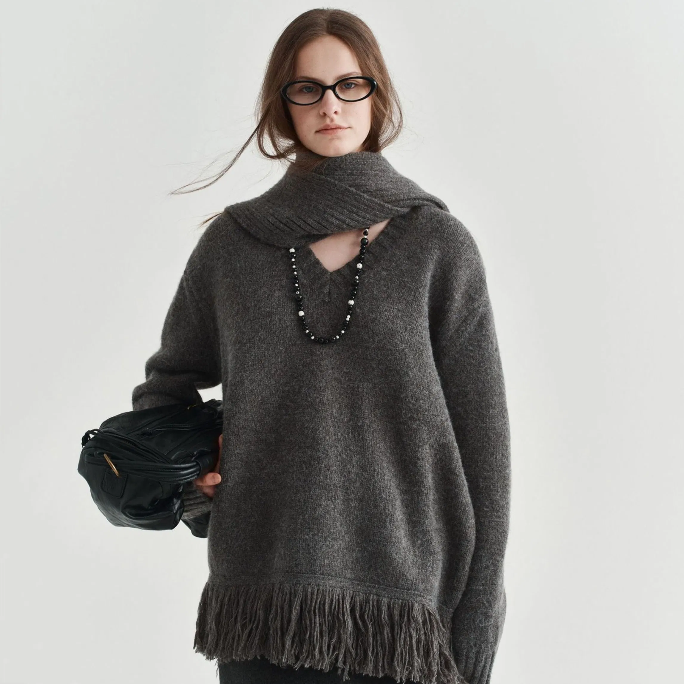 Custom Gray Wool Sweater for Women with Tassel Scarf