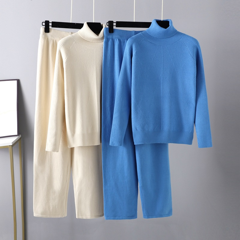 Solid Color Knitwear Suit Fall Winter Sweater + Lace-up Casual Pants + Home Wear Turtleneck Sweater Set