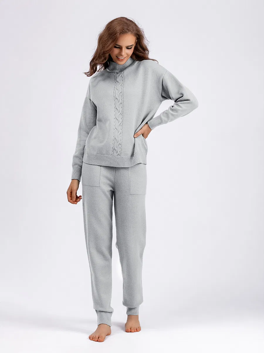 Women Clothing Autumn Winter Pants Trousers Twist Casual Mock Neck Long Sleeve Cozy Sweater Set