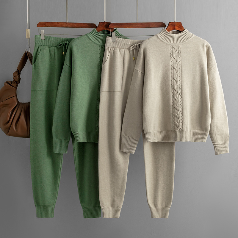 Women Clothing Autumn Winter Pants Trousers Twist Casual Mock Neck Long Sleeve Cozy Sweater Set