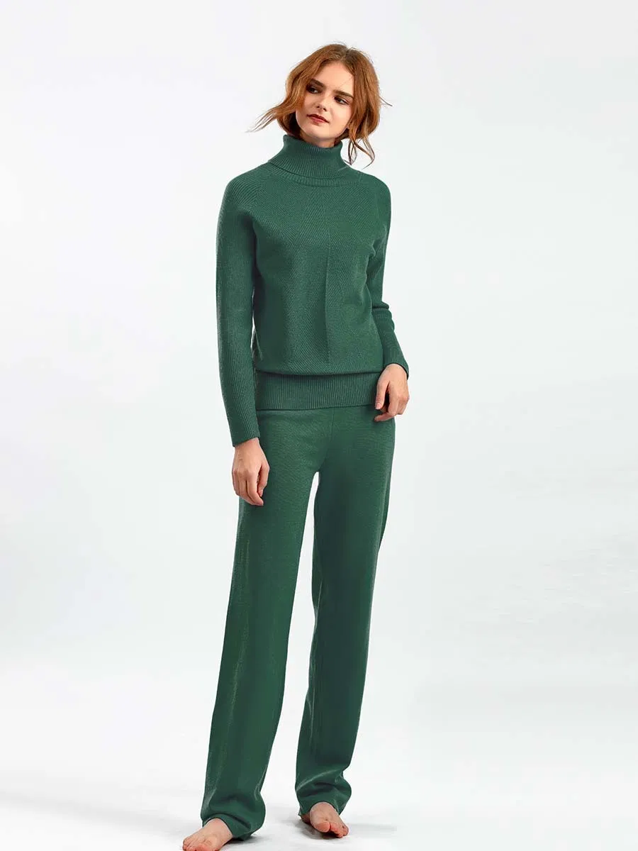 Solid Color Knitwear Suit Fall Winter Sweater + Lace-up Casual Pants + Home Wear Turtleneck Sweater Set