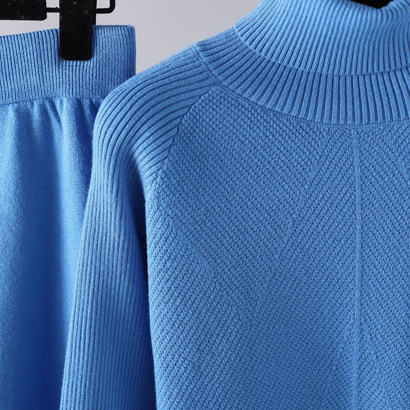 Solid Color Knitwear Suit Fall Winter Sweater + Lace-up Casual Pants + Home Wear Turtleneck Sweater Set