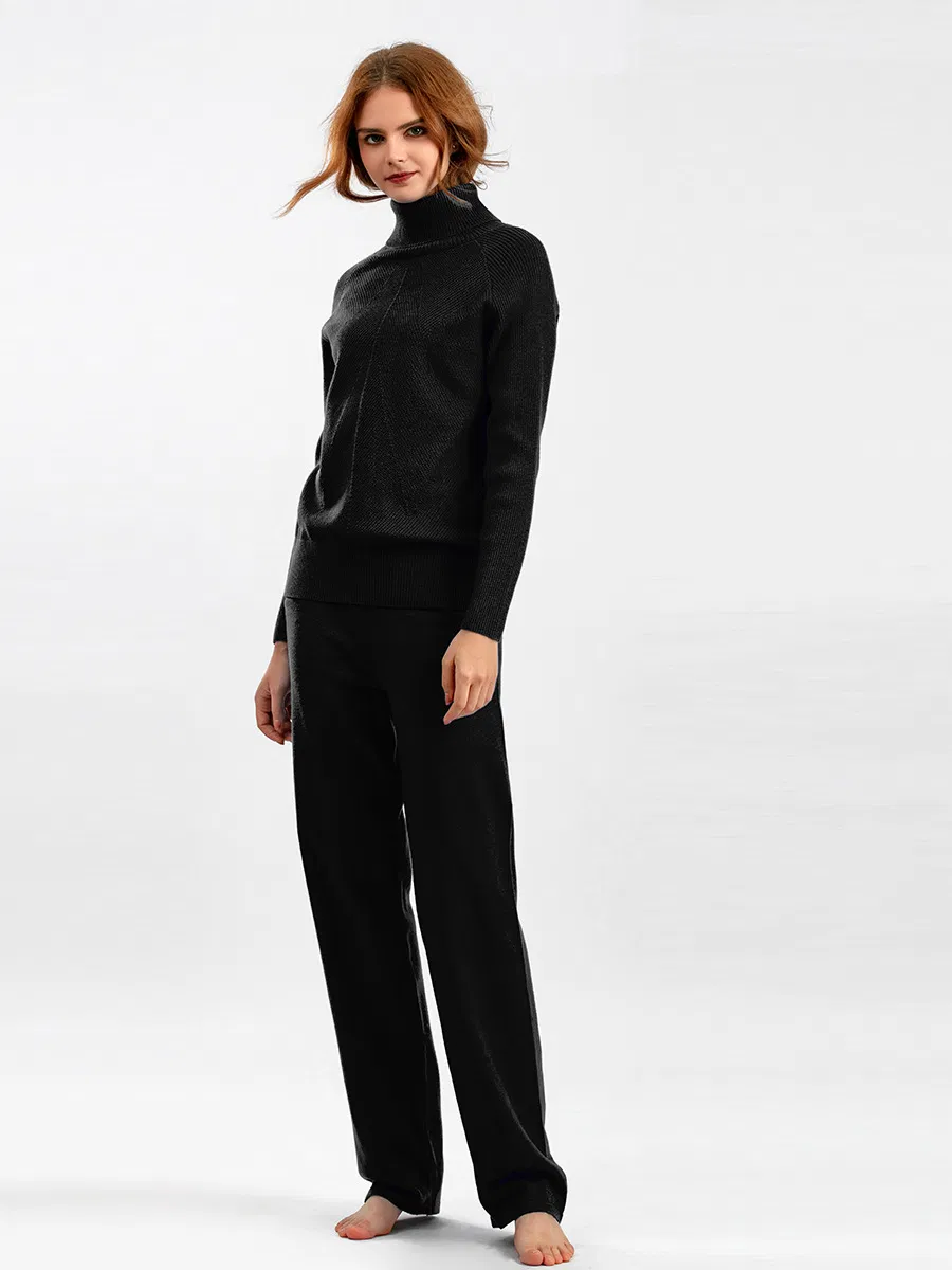 Solid Color Knitwear Suit Fall Winter Sweater + Lace-up Casual Pants + Home Wear Turtleneck Sweater Set