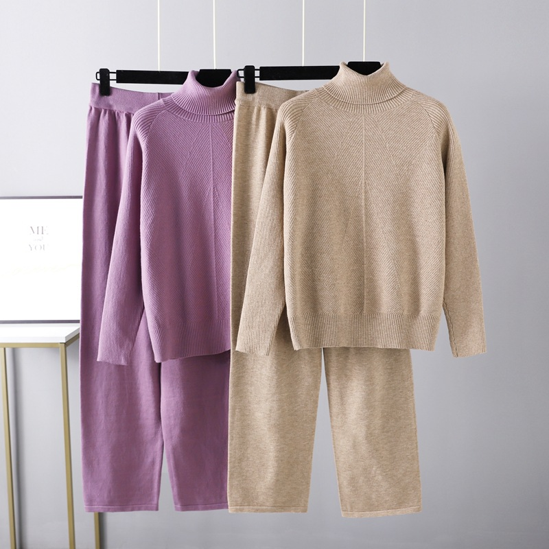 Solid Color Knitwear Suit Fall Winter Sweater + Lace-up Casual Pants + Home Wear Turtleneck Sweater Set