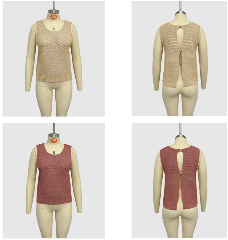 Summer Women&prime;s Fashion Solid Color Halter Shirt Knit Button Vest Causal Crew Neck Sleeveless Knit Vest