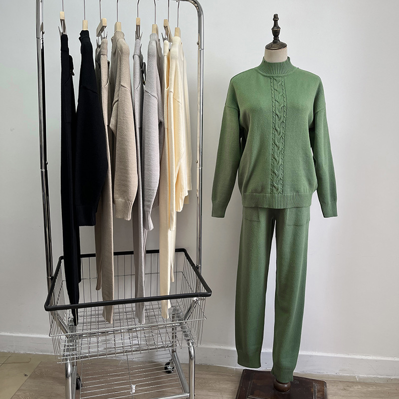 Women Clothing Autumn Winter Pants Trousers Twist Casual Mock Neck Long Sleeve Cozy Sweater Set