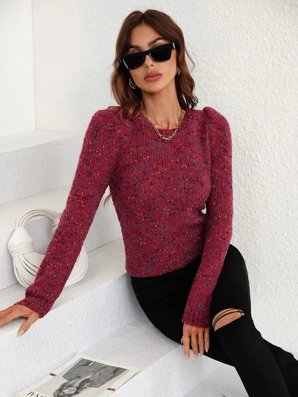 Street Winter Clothes Knitwear Solid Color Women DOT Colorful Casual Crew-Neck Knitted Sweater
