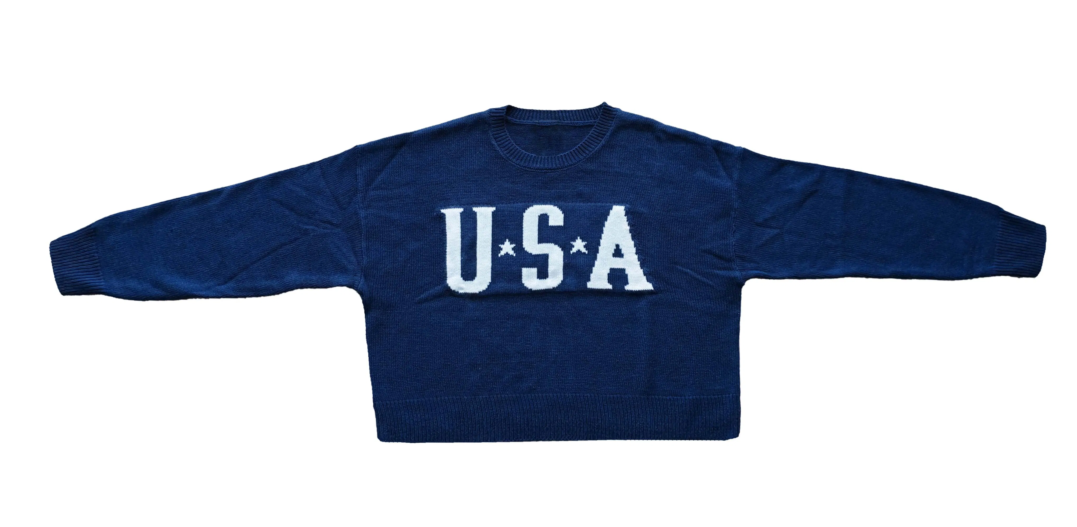 New-Arrival Ladies USA Navy Round-Neck Casual Pullover Cozy Sweater Clothes
