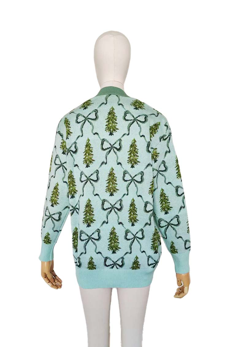 Christmas X-Mas Green Trees Party Holiday Wear Jacquard Sweater Cardigan