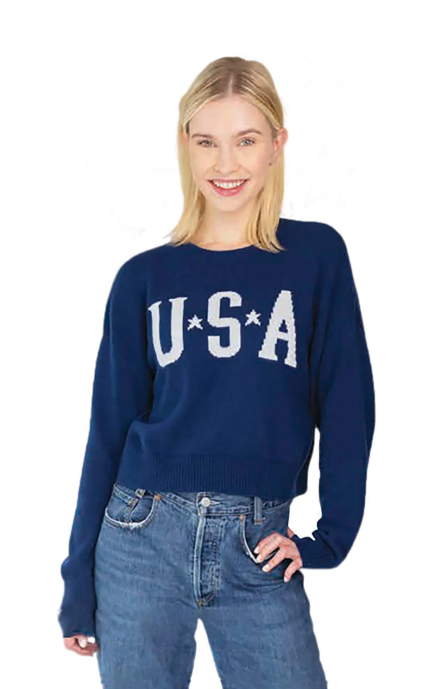 New-Arrival Ladies USA Navy Round-Neck Casual Pullover Cozy Sweater Clothes