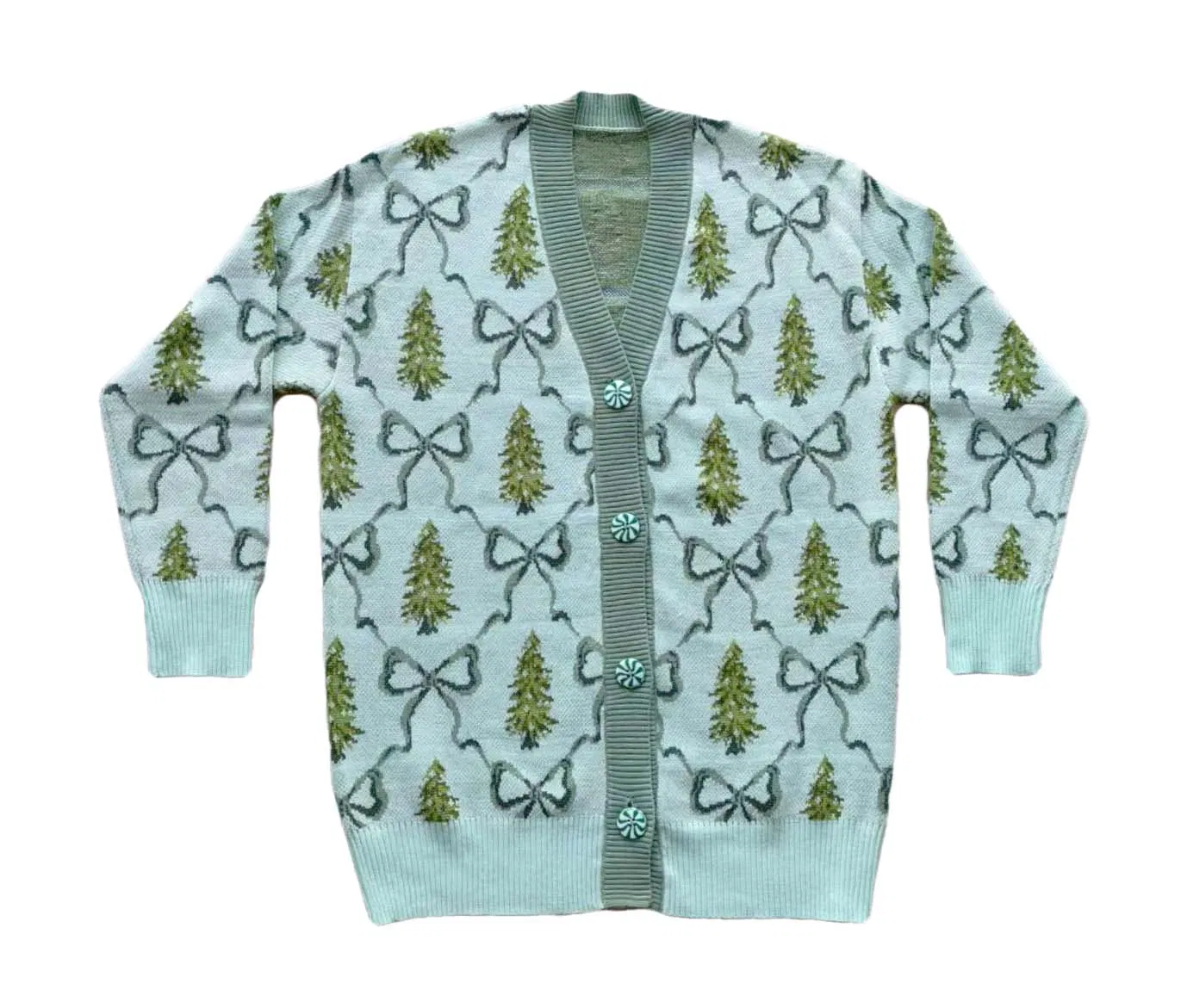 Christmas X-Mas Green Trees Party Holiday Wear Jacquard Sweater Cardigan