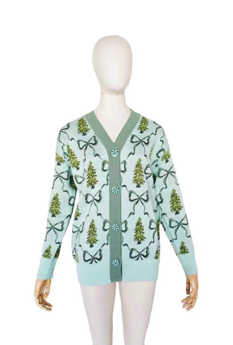 Christmas X-Mas Green Trees Party Holiday Wear Jacquard Sweater Cardigan