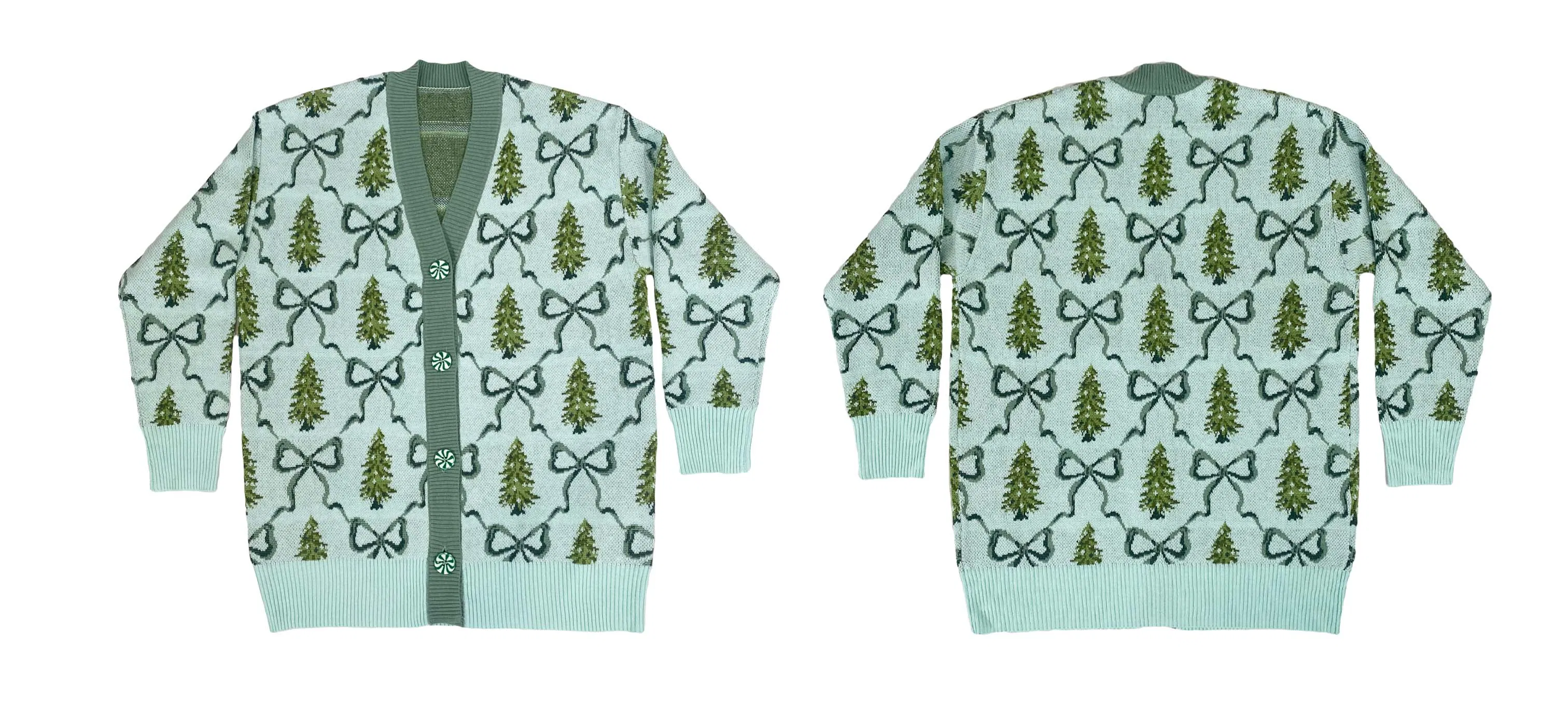 Christmas X-Mas Green Trees Party Holiday Wear Jacquard Sweater Cardigan