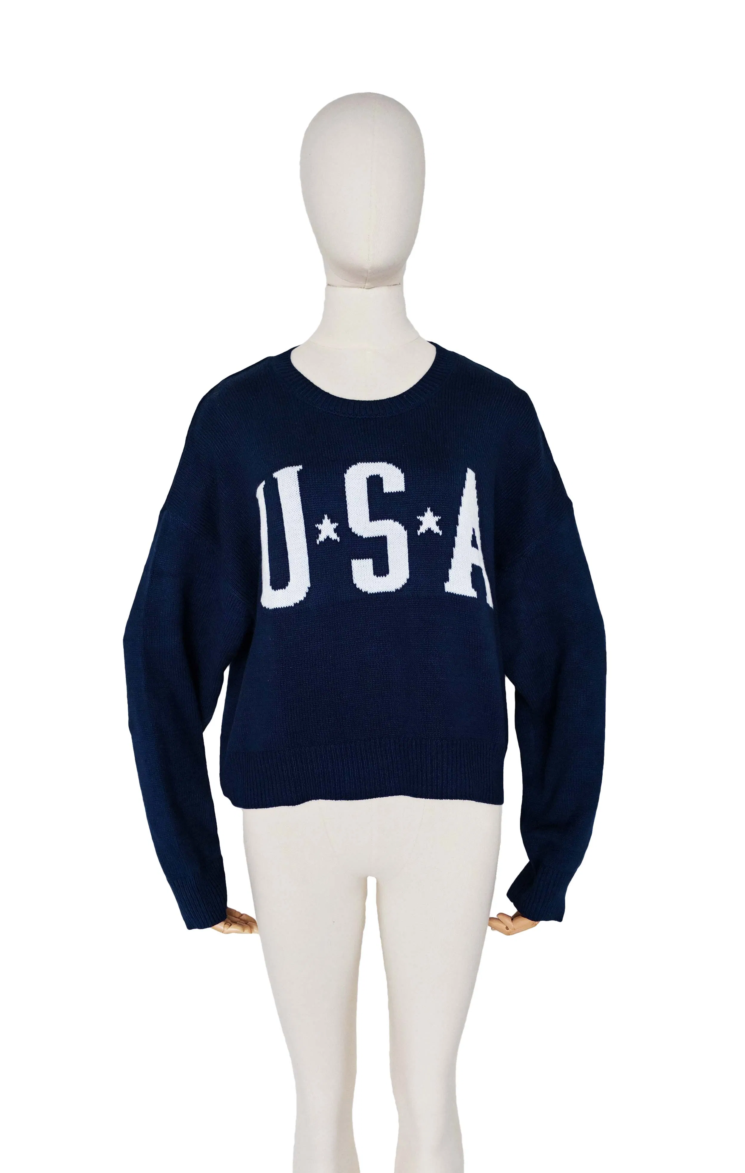 New-Arrival Ladies USA Navy Round-Neck Casual Pullover Cozy Sweater Clothes
