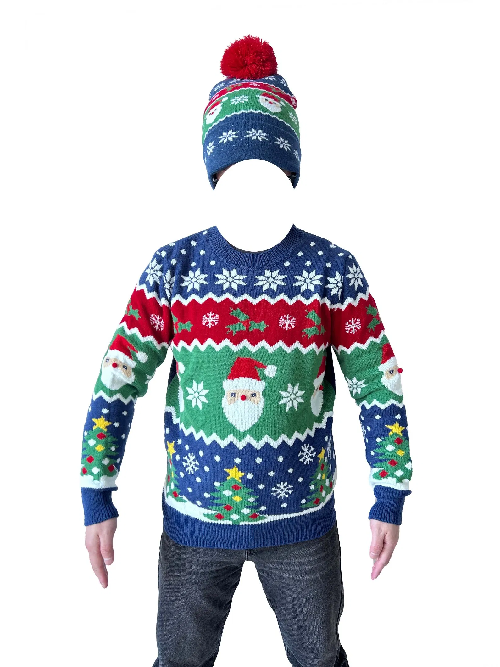 Christmas Aldi Customized Jacquard Knitted Pullover Sweater Pompom Hat Set