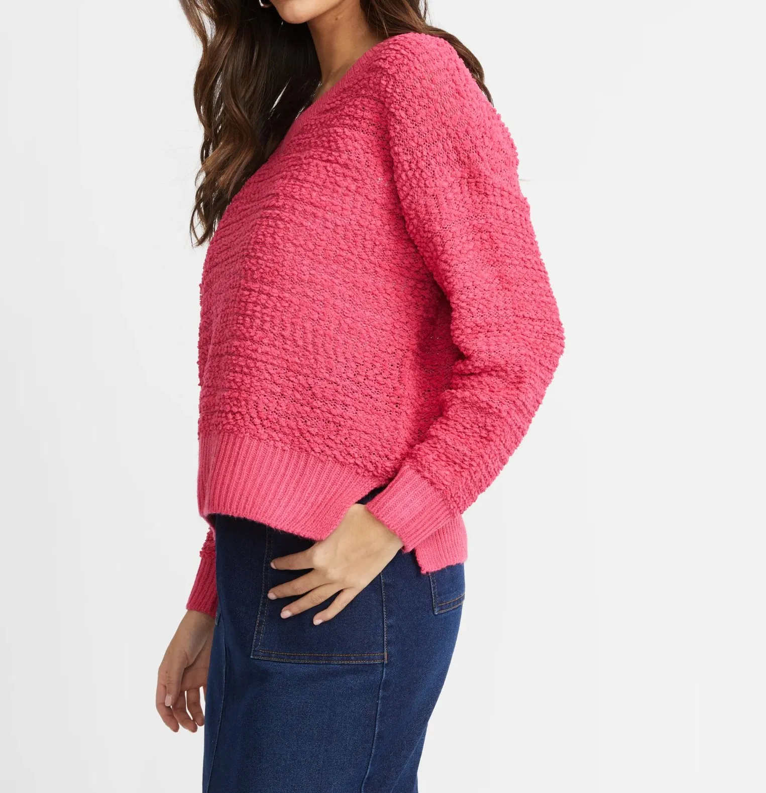 Textured Cozy Popcorn Sweater V-Neck Popcorn Knit Jumper