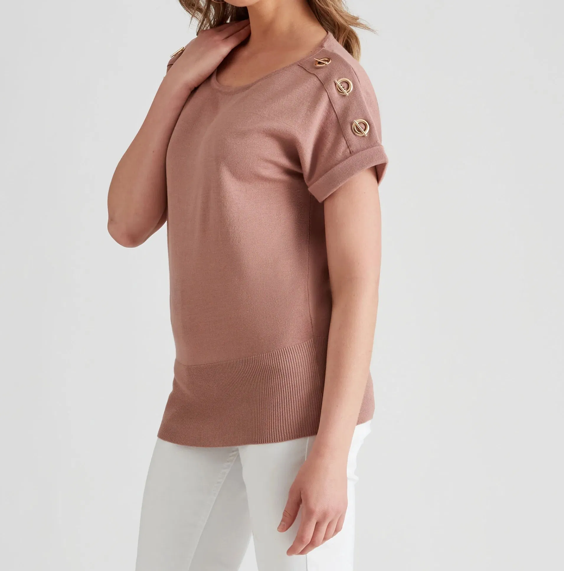 Mocha Extended Sleeve Knit Sweater Knitwear with Metal Detail