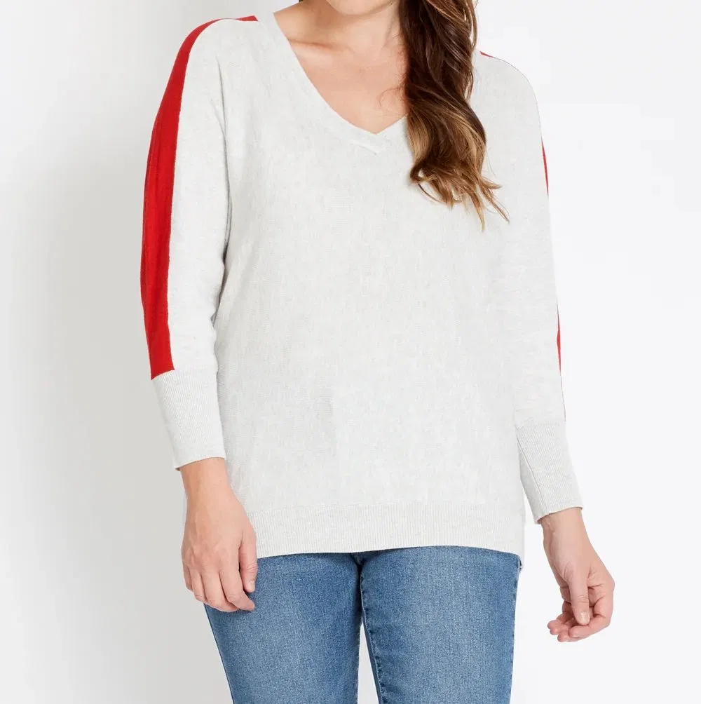 Sporty Stripe Sleeve Knit Top Color-Block V-Neck Sweater Pullover Jumper