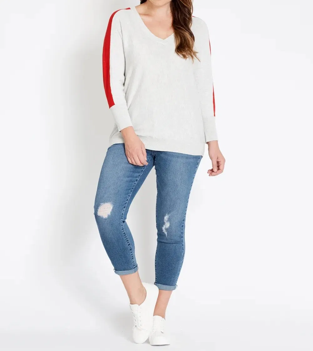 Sporty Stripe Sleeve Knit Top Color-Block V-Neck Sweater Pullover Jumper