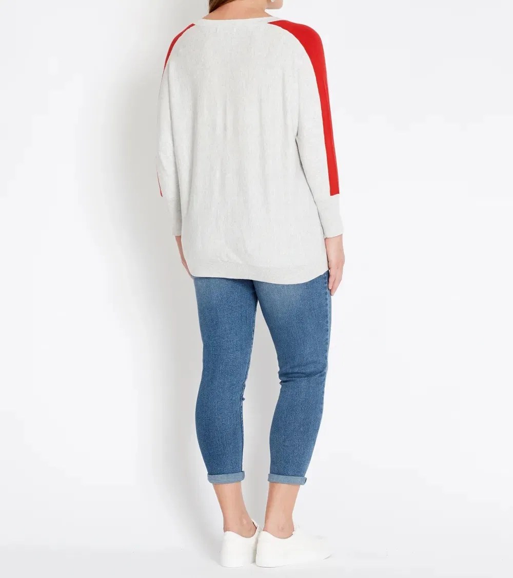 Sporty Stripe Sleeve Knit Top Color-Block V-Neck Sweater Pullover Jumper
