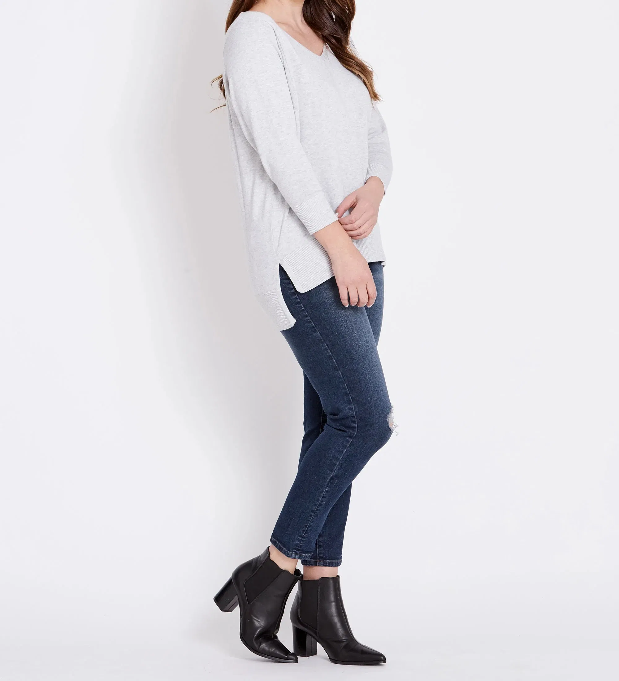 Long Sleeve Relaxed V-Neck Knit Top Tunic Pullover Sweater Jumper