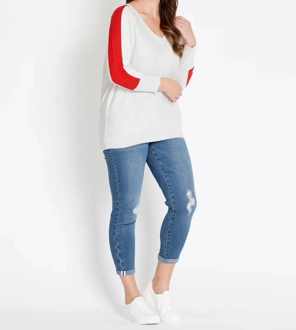 Sporty Stripe Sleeve Knit Top Color-Block V-Neck Sweater Pullover Jumper