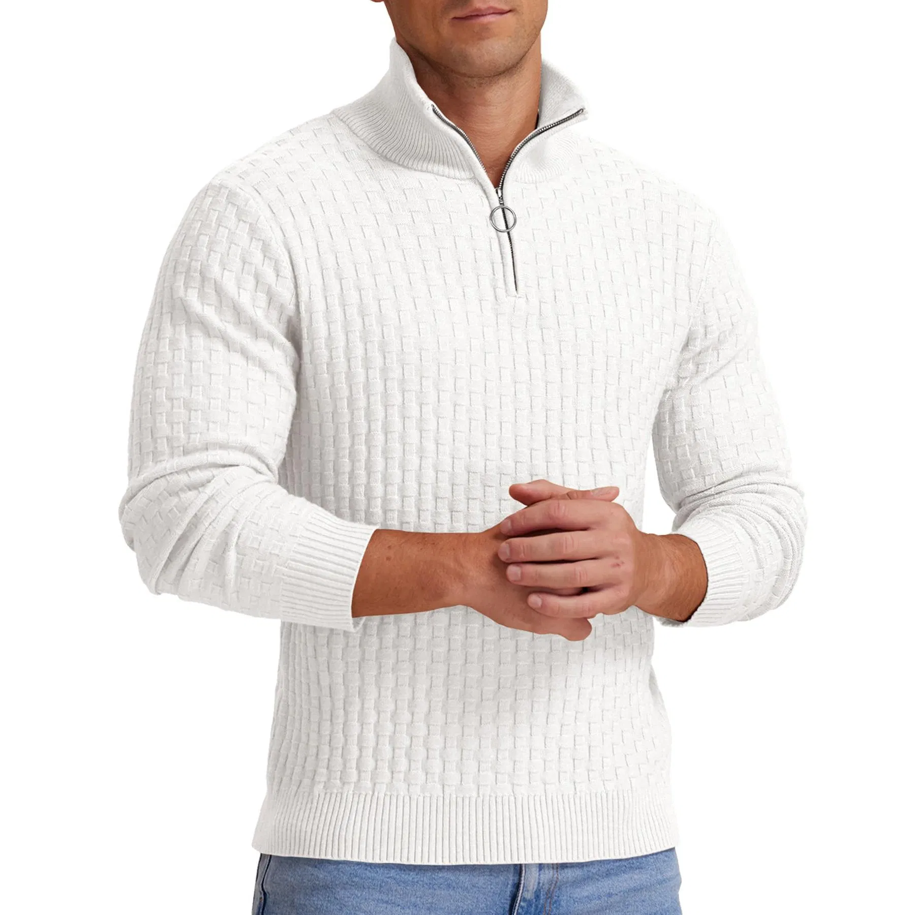 Customized Embroidery Logo Men′s Quarter Zip Sweater Waffle Knit Sweater Mock Neck Polo Sweater Casual Pullover Sweaters