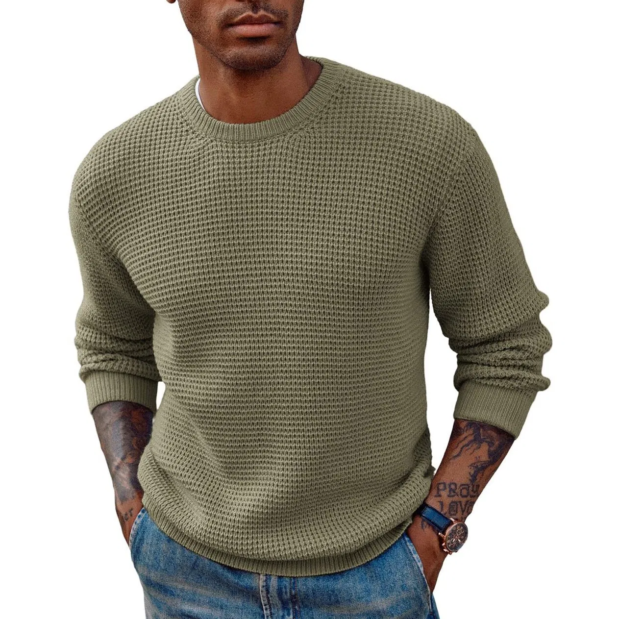 Clothing Factory Customized Mens Crewneck Pullover Sweater Waffle Textured Long Sleeve Knitted Sweaters