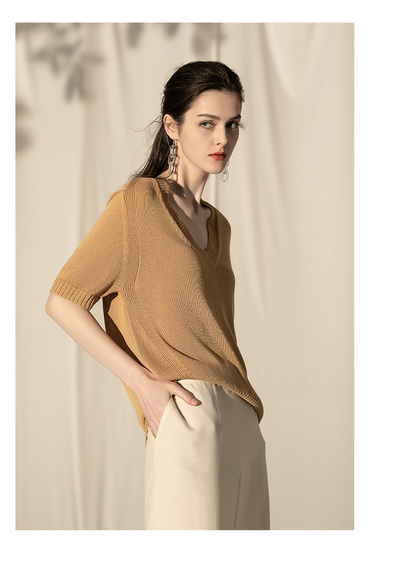 Women&prime;s Knitted Sweater V-Neck Pullover Loose Sweater Women&prime;s MID-Sleeve Women&prime;s Clothing