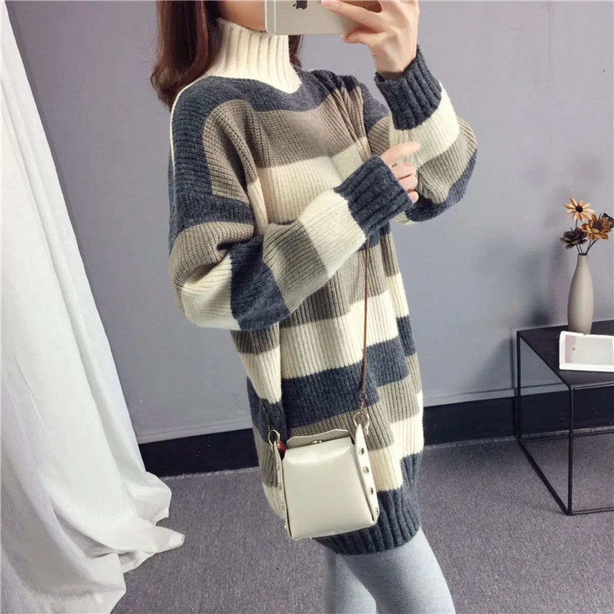 Color Block Half Turtleneck Knitted Pullover Sweater Women Winter Wide Striped Sweater