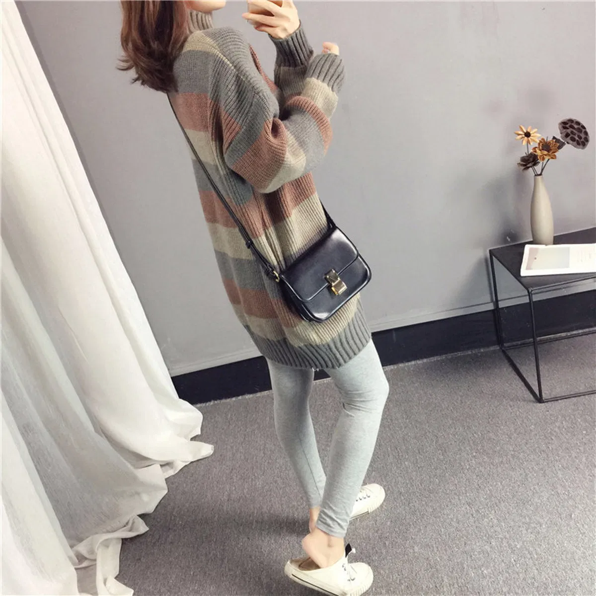 Color Block Half Turtleneck Knitted Pullover Sweater Women Winter Wide Striped Sweater