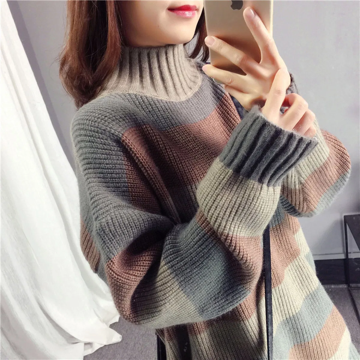 Color Block Half Turtleneck Knitted Pullover Sweater Women Winter Wide Striped Sweater