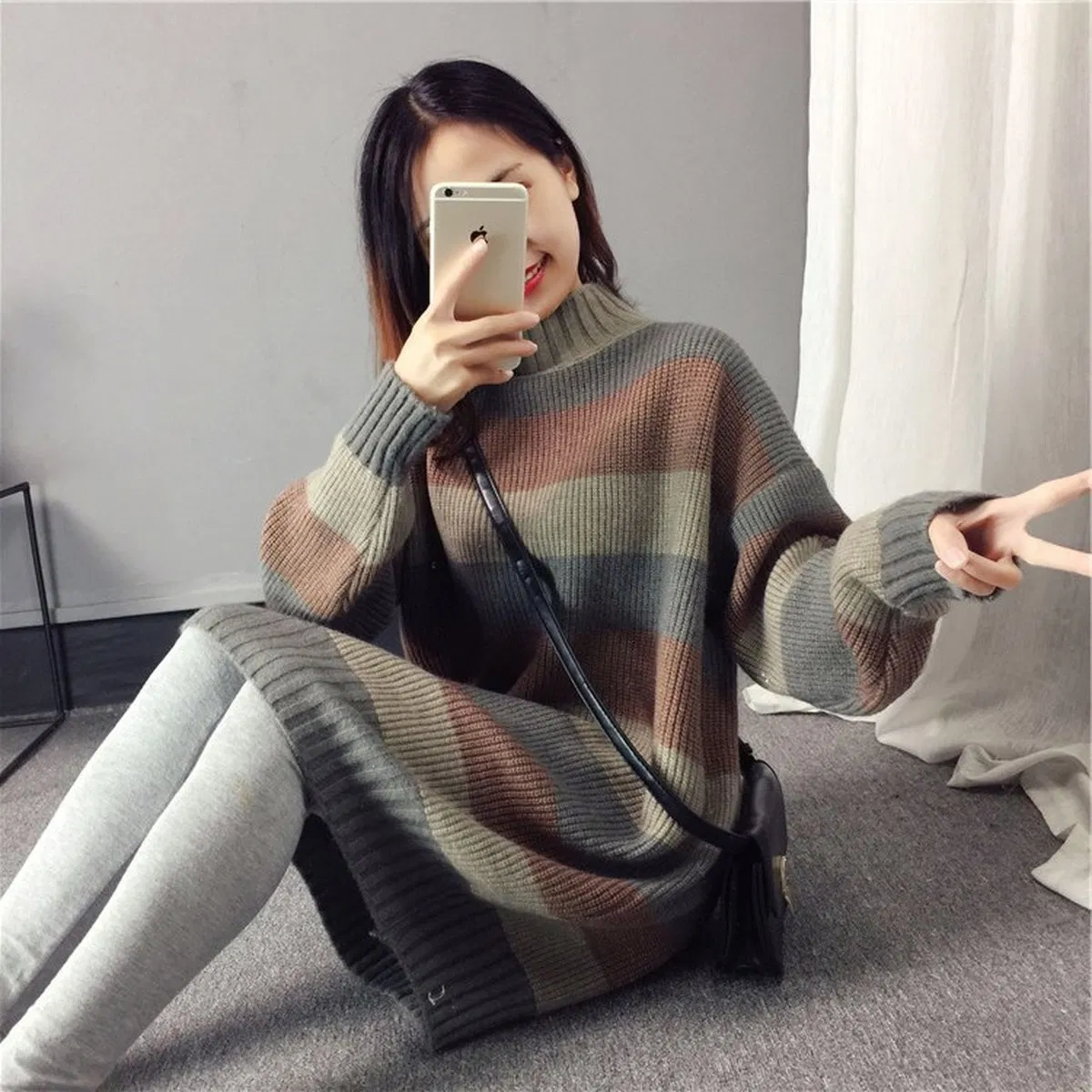 Color Block Half Turtleneck Knitted Pullover Sweater Women Winter Wide Striped Sweater