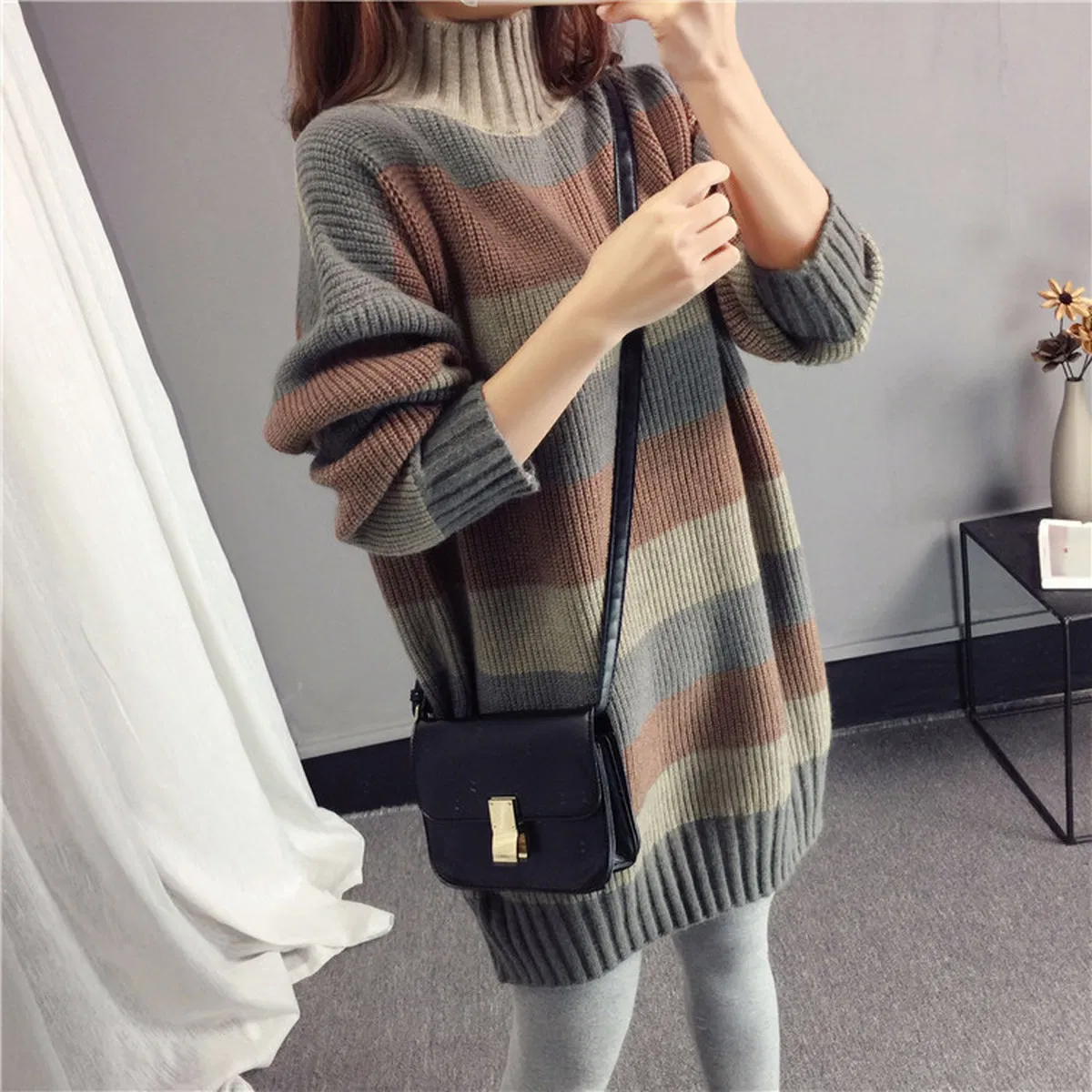 Color Block Half Turtleneck Knitted Pullover Sweater Women Winter Wide Striped Sweater