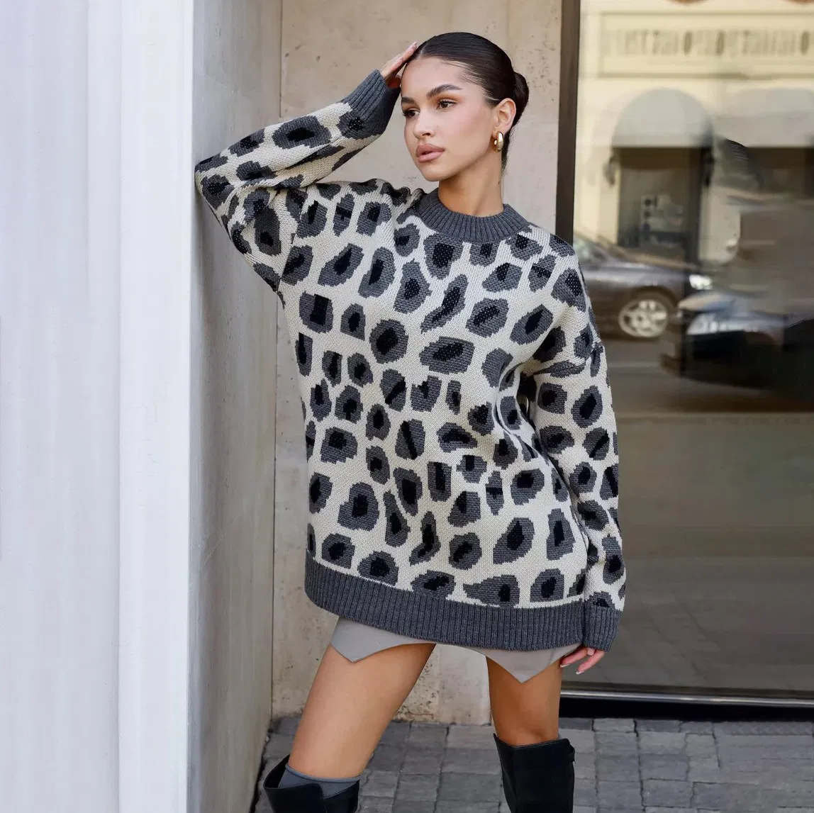 Leopard Print Women′s Warm Fashion Sweater, a Long Sleeved Knitted Top