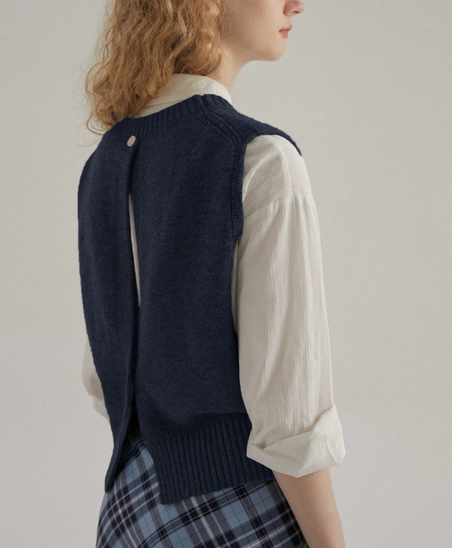 Open Back Elegant Waistcoat Ladies Solid Sleeveless Fancy Short Top Clothes O-Neck Pullover Knitted Women&prime;s Sweaters Vest