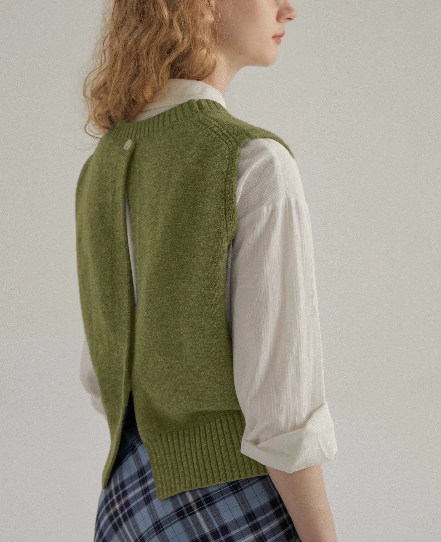 Open Back Elegant Waistcoat Ladies Solid Sleeveless Fancy Short Top Clothes O-Neck Pullover Knitted Women&prime;s Sweaters Vest