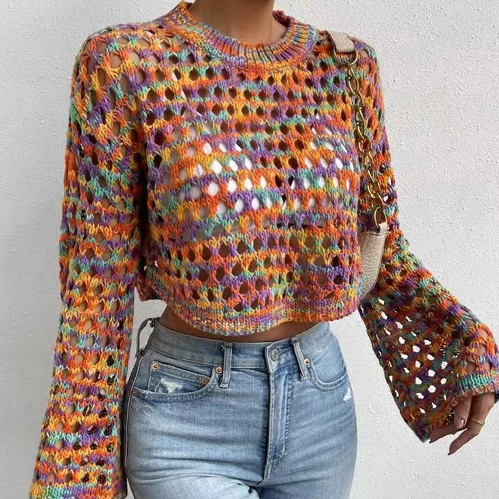 Crochet Crop Top Sweater Knitwear Women Hollow out Pullover Long Sleeve Sexy Boho Knitted Top Pink Custom