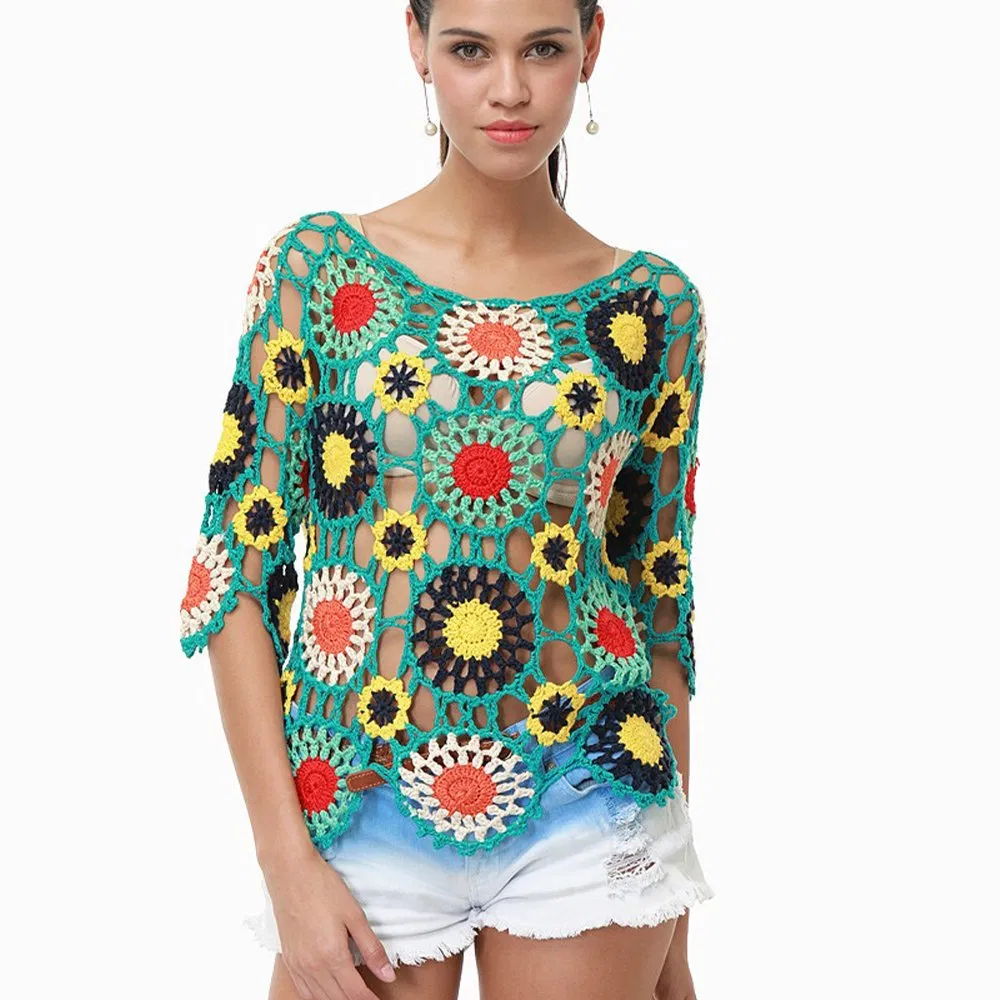 Factory OEM Knitted Pullover Sweater Ladies Crochet Crop Top Swimsuit Women Beachwear Tunic Dress Beach Cover up for Swimwear