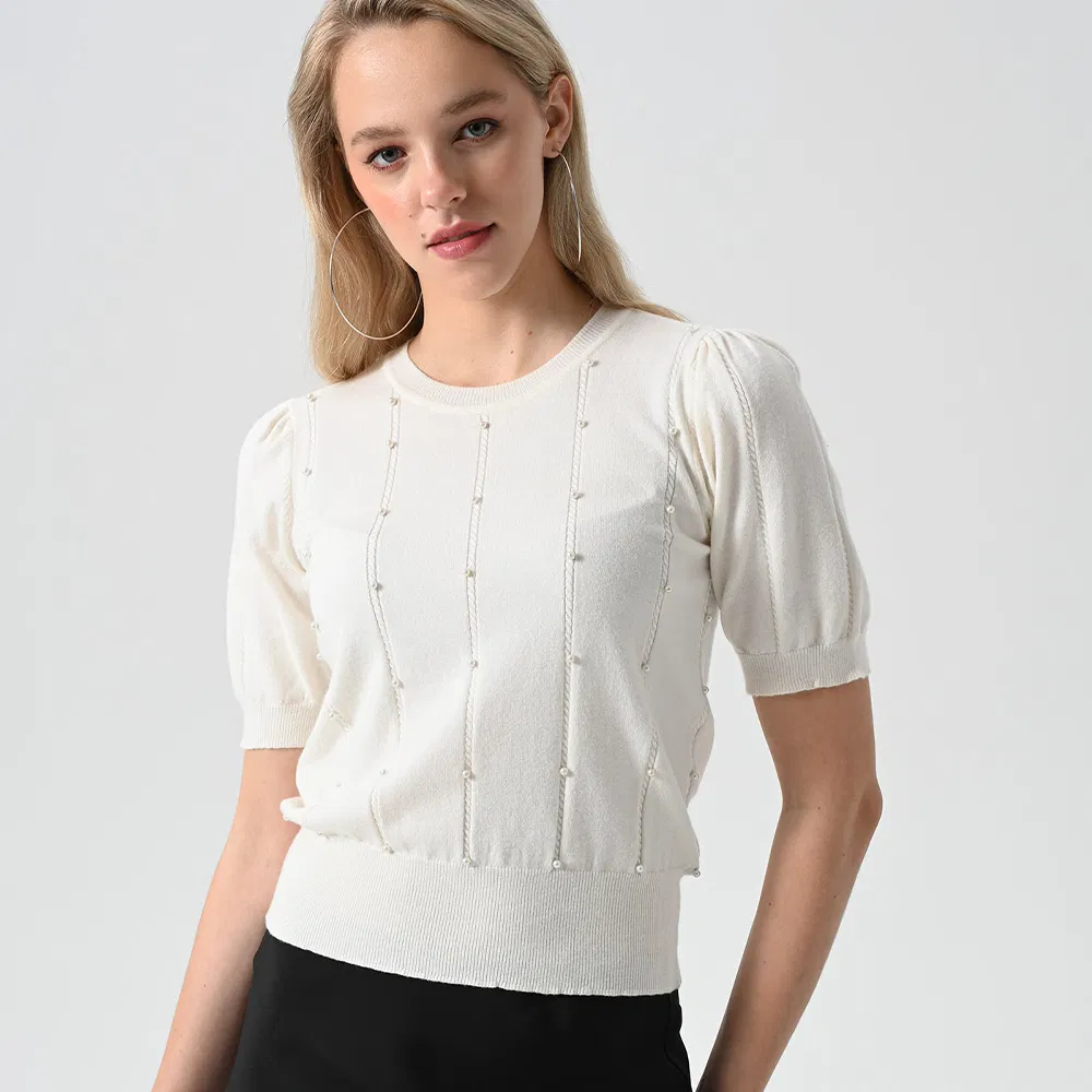 Casual Short Sleeve Crew Neck Beading Design Knitted Womens Sweaters Lady Elegant Oversized White Pearls Knitted Womens Sweaters