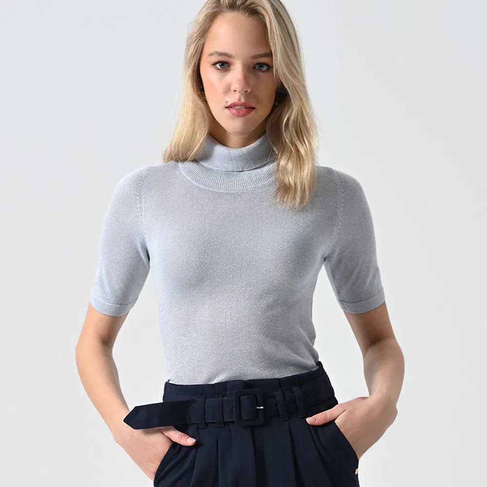 Wholesale Custom Ice Silk Short-Sleeved Roll Neck Sweater Summer New Elegant Loose Ultra-Thin Fashion Women′s Sweater
