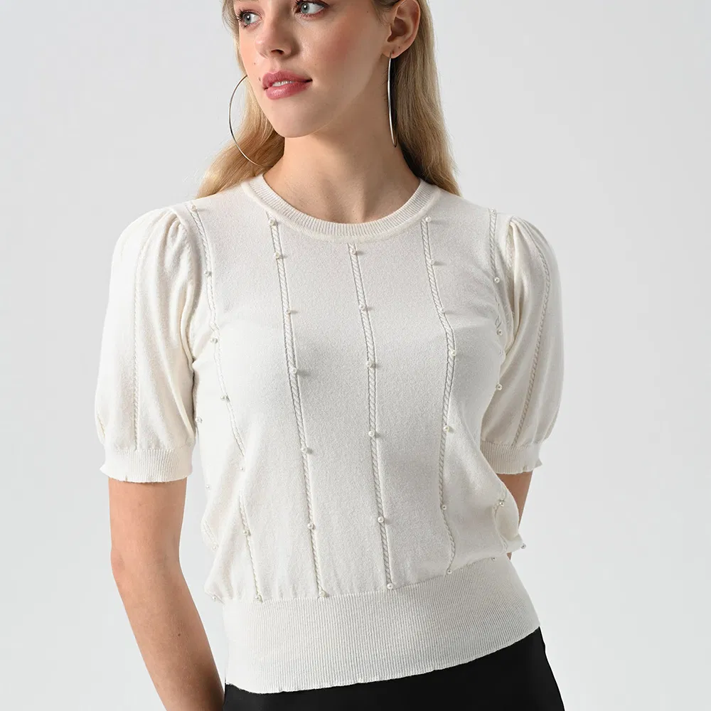 Casual Short Sleeve Crew Neck Beading Design Knitted Womens Sweaters Lady Elegant Oversized White Pearls Knitted Womens Sweaters