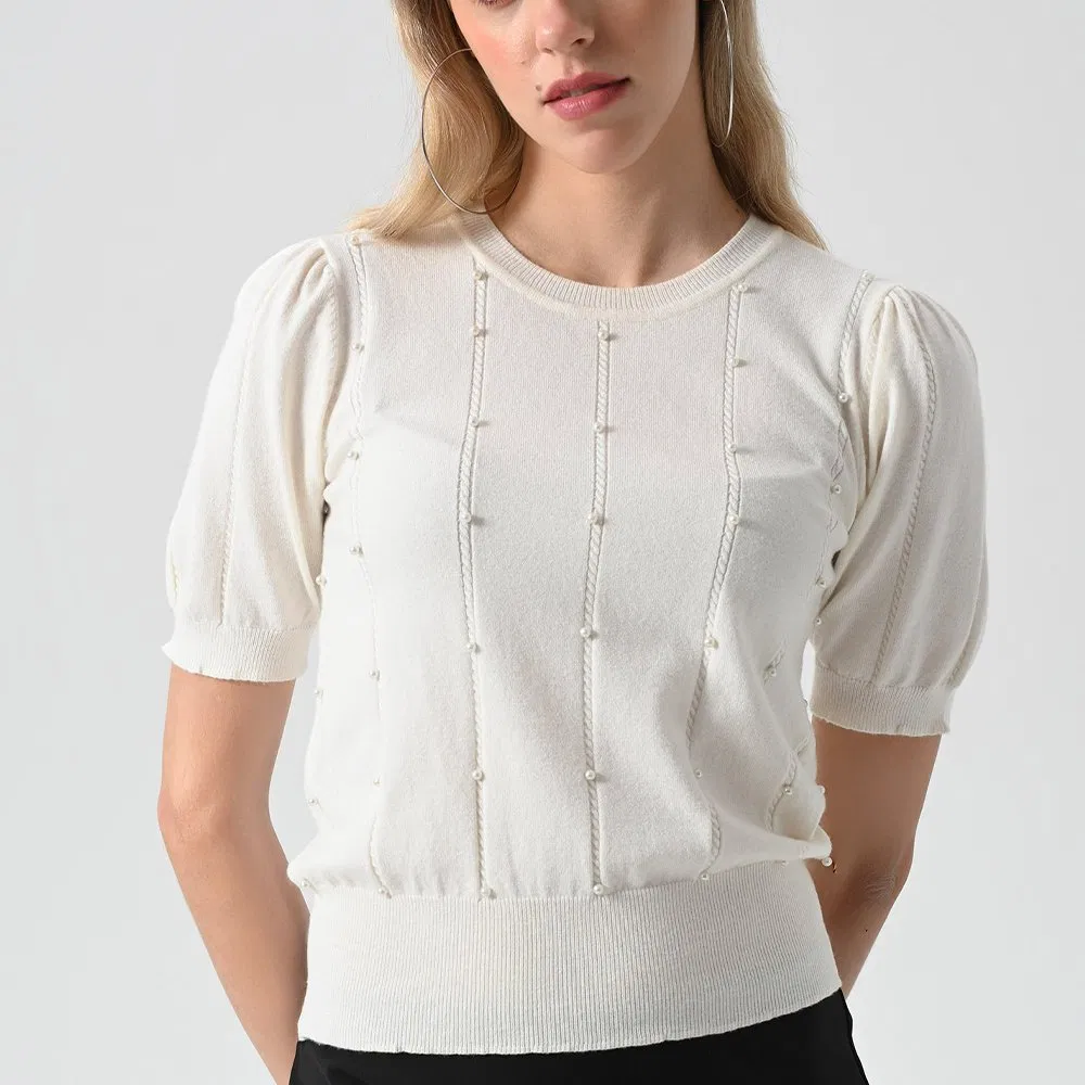 Casual Short Sleeve Crew Neck Beading Design Knitted Womens Sweaters Lady Elegant Oversized White Pearls Knitted Womens Sweaters