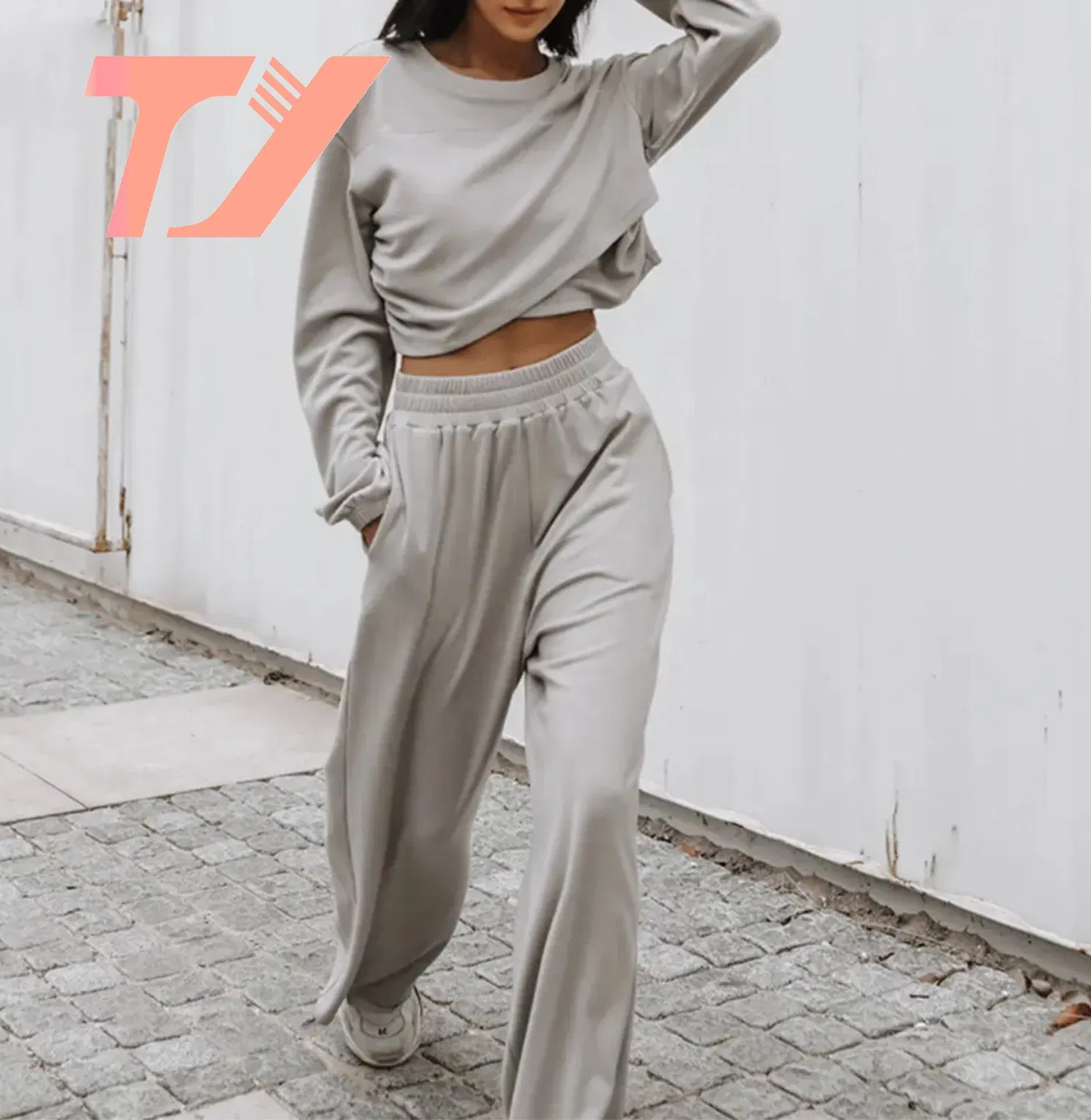 Casual Loose Two Piece Sweater Sets Autumn Winter Long Sleeve Tops Pullover and Wide Leg Pants Suits